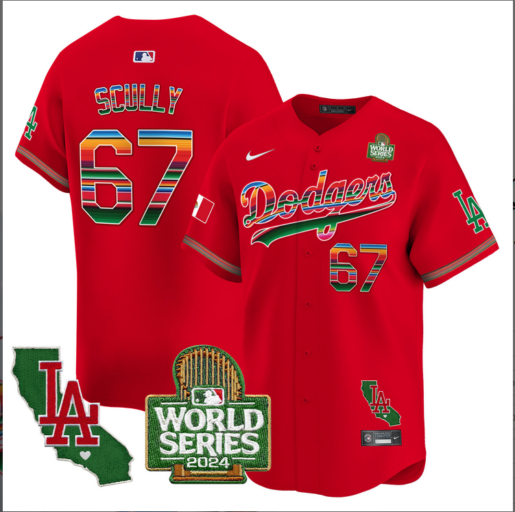 Men MLB Mexico Los Angeles Dodgers #67 Scully red 2024 World Series Champions Patch Jersey 2024110 style 2